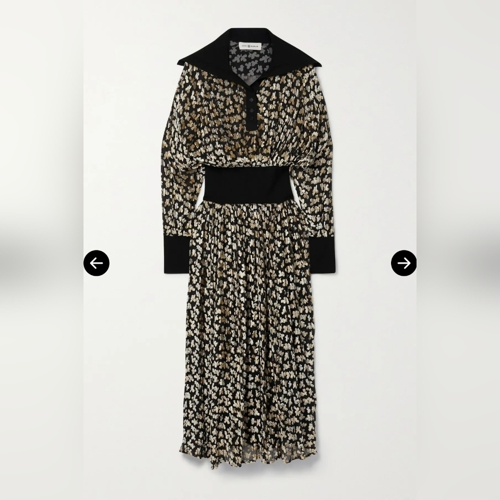 Tory Burch Tan and Black Pleated Long Sleeve Dress